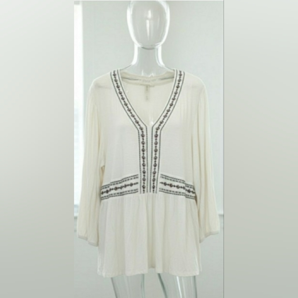 Casual Boho 2X Ivory Embroidered Cottage Festival Slip-On Tunic Babydoll Top New